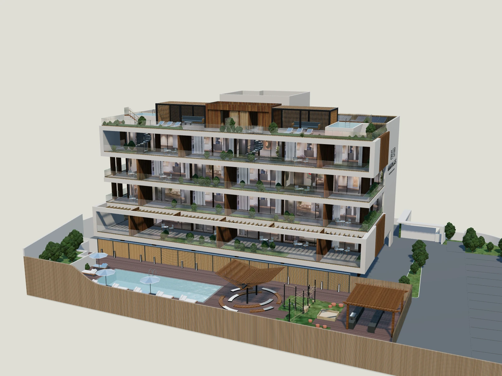 Nicolas Residences: landscaped pool courtyard, generous balconies and rooftop terraces