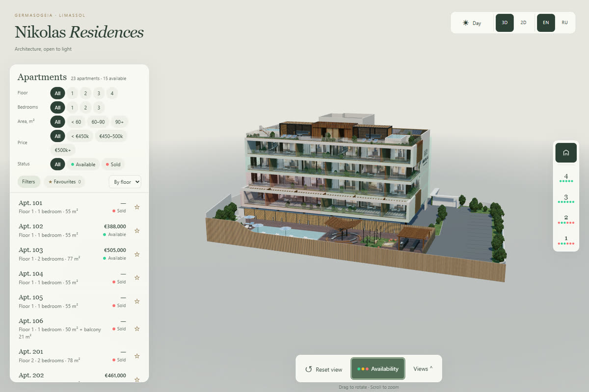 The Nicolas Residences explorer: the building in 3D beside its apartment catalogue