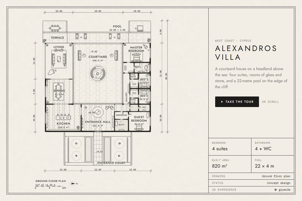 Alexandros Villa ground floor plan on a drawing sheet with its title block